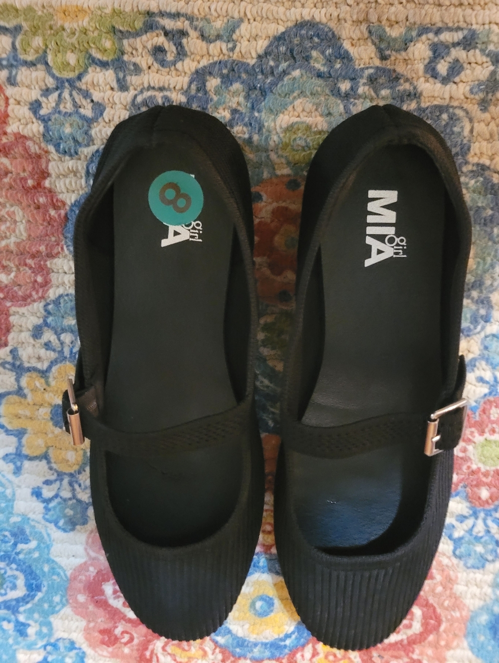 MIA Black Ribbed Mary Jane Flats with Gold Buckle
